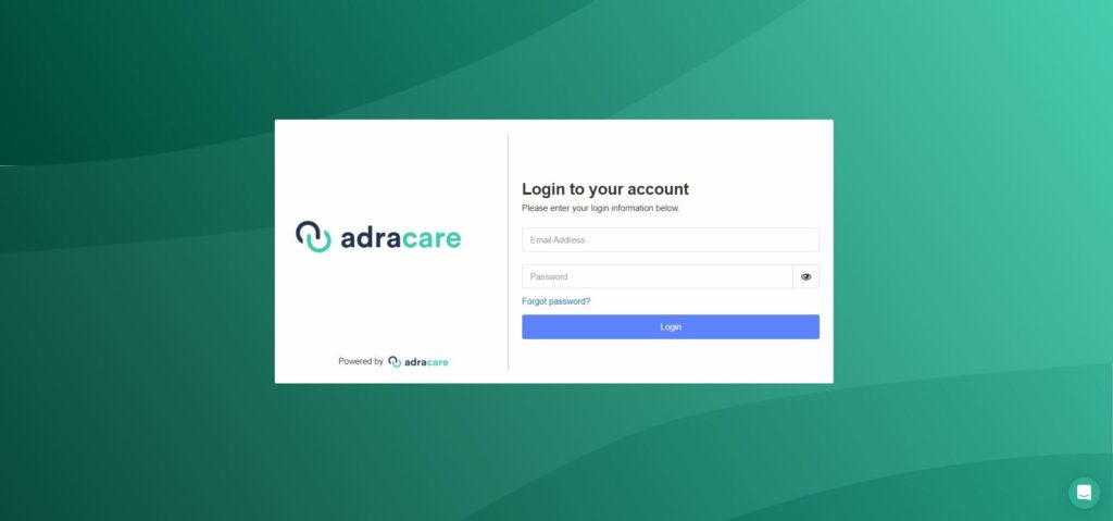 Adracare provider sign in page. Enter your account email address and password and click the Login button to access your account